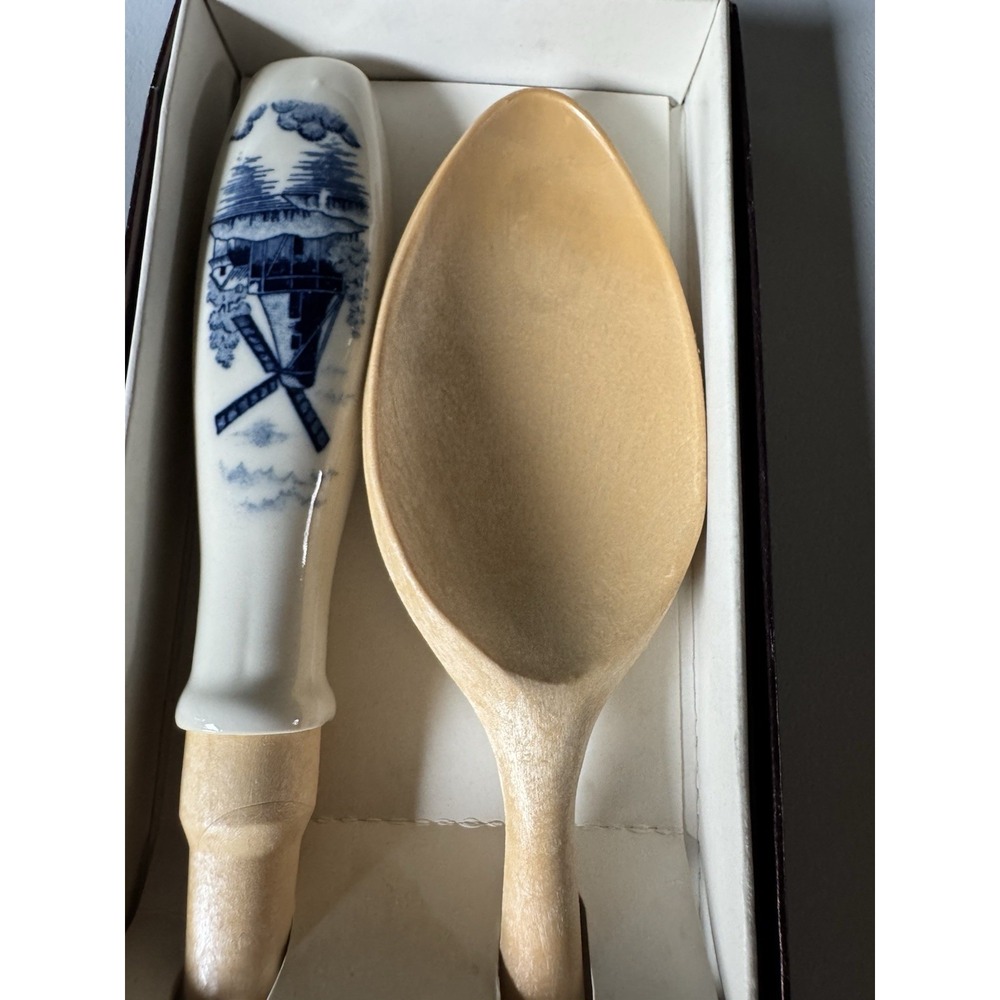 Vintage Delft Style Windmill Wood Ceramic Salad Servers Boxed Set